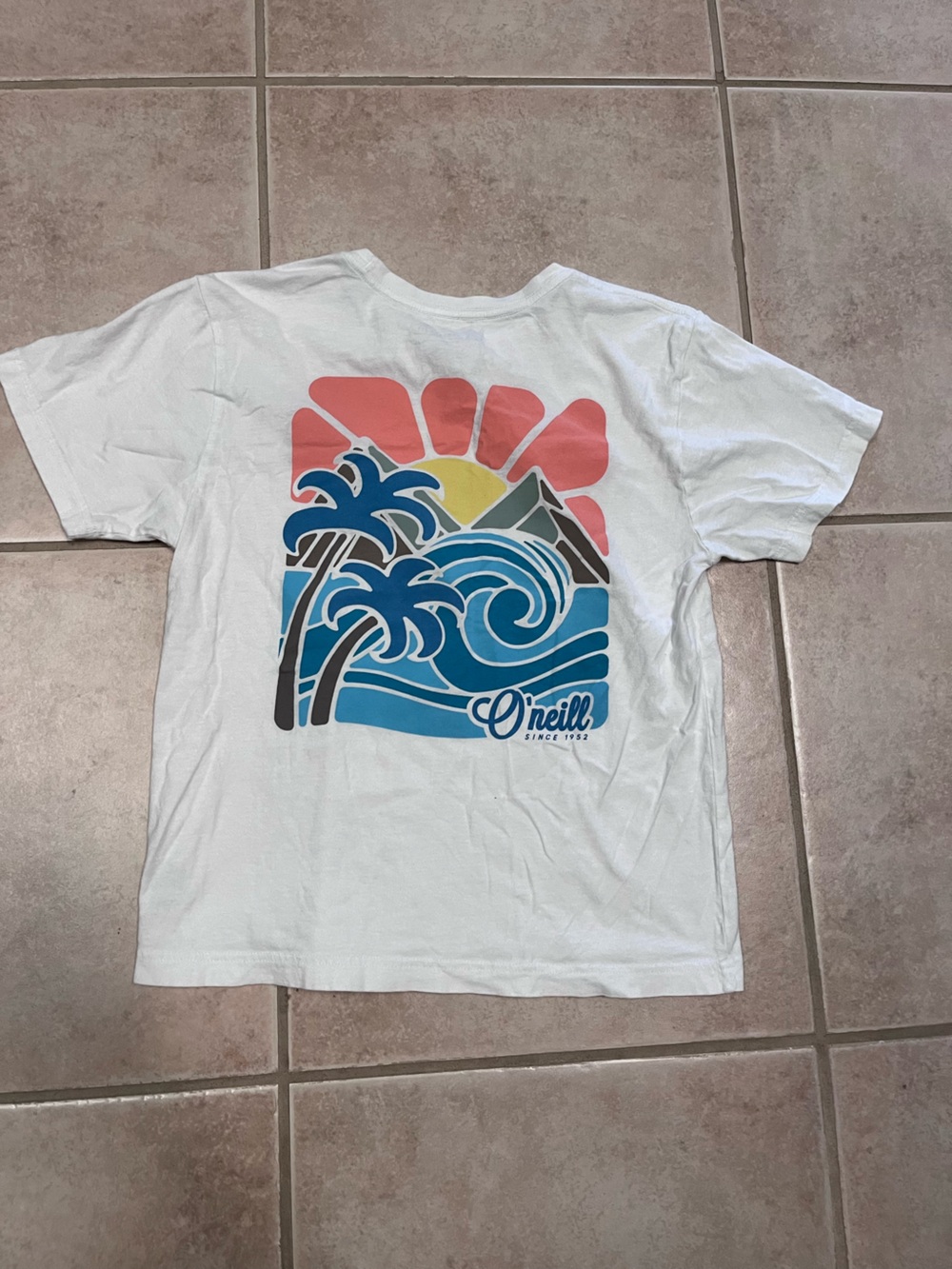 O'Neill White Kids Surf Graphic Tee with Blue, Coral & Yellow Print